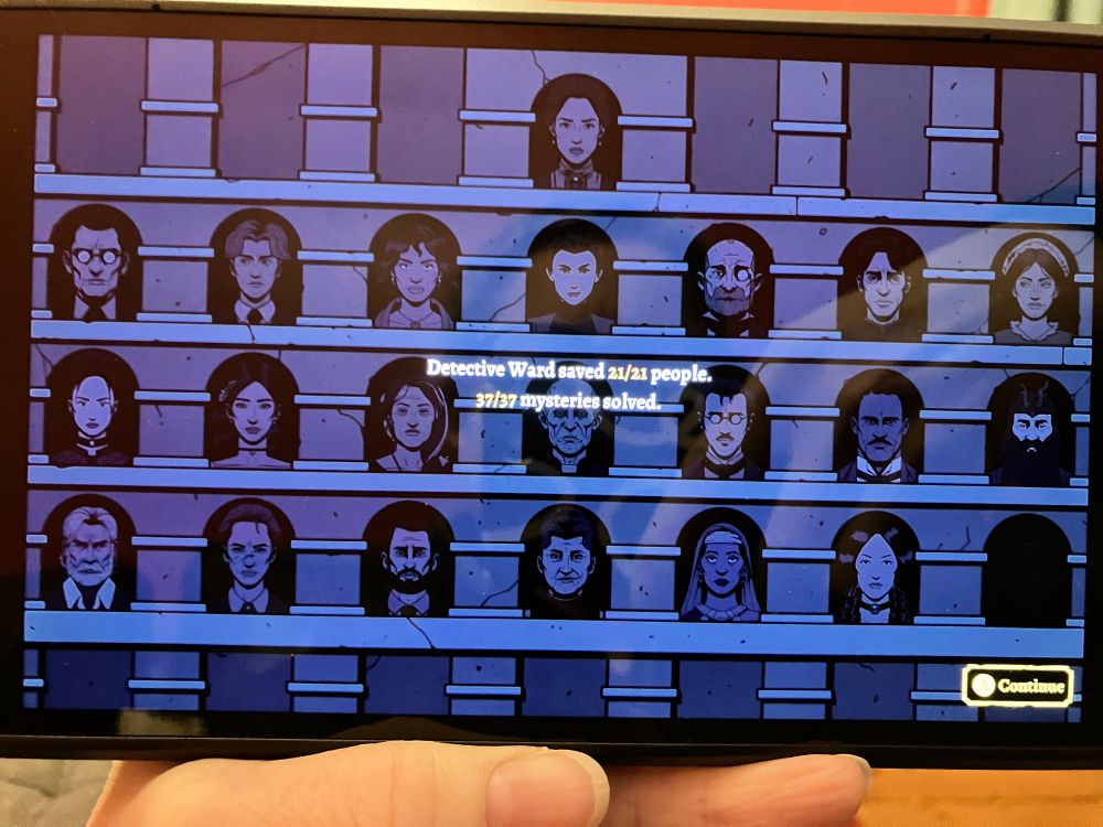 Photo of a screen showing an image of character faces with text over the top saying Detective Ward saved 21/21 people. 37/37 mysteries solved.