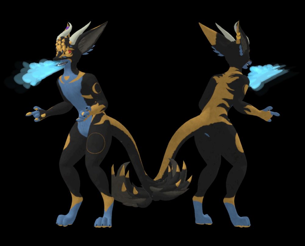 A two-pose display of a Wyren VRChat avatar, stylized with black, blue, and yellow fur. It has stripe-like patterns along the back, and phases of the moon sequenced along its body. It is leaning forward and exhaling blue flames.