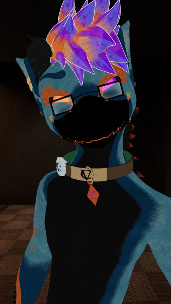 This picture features the same furry avatar as the first picture, however there is now a black mask covering its muzzle, with an orange outline of some sharp teeth depicted on its surface. The avatar's expression has changed to narrowed eyes and a furrowed brow, with its head tilted toward the viewer ominously.