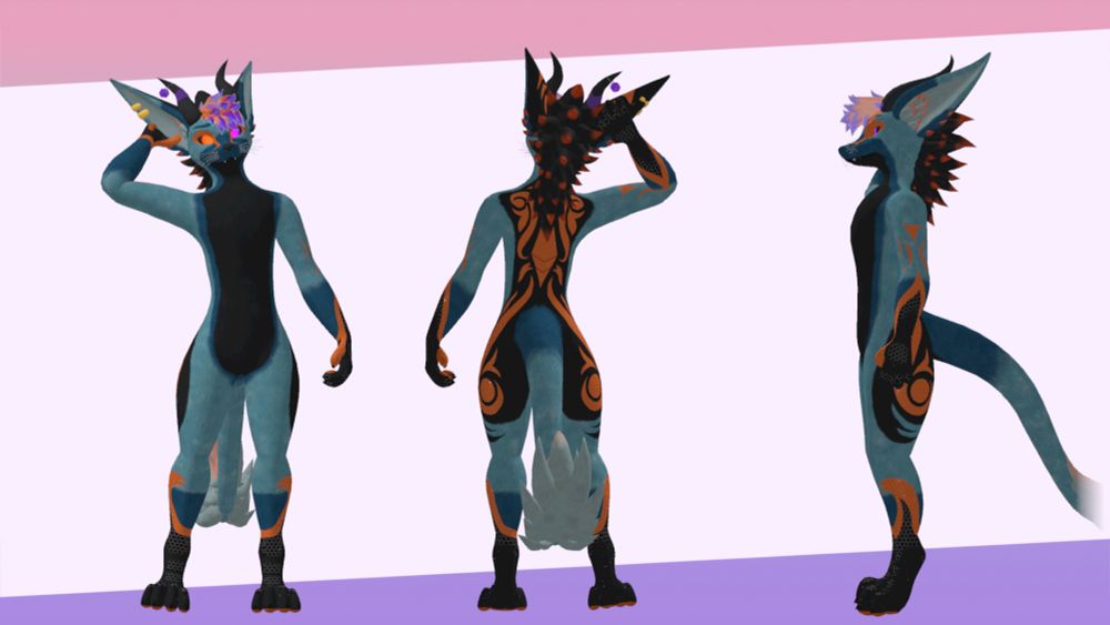 A two-pose display of a Wyren VRChat avatar, stylized with teal fur, black accents, and orange crystalline patterns along its body. It is standing with one arm reaching behind its head.