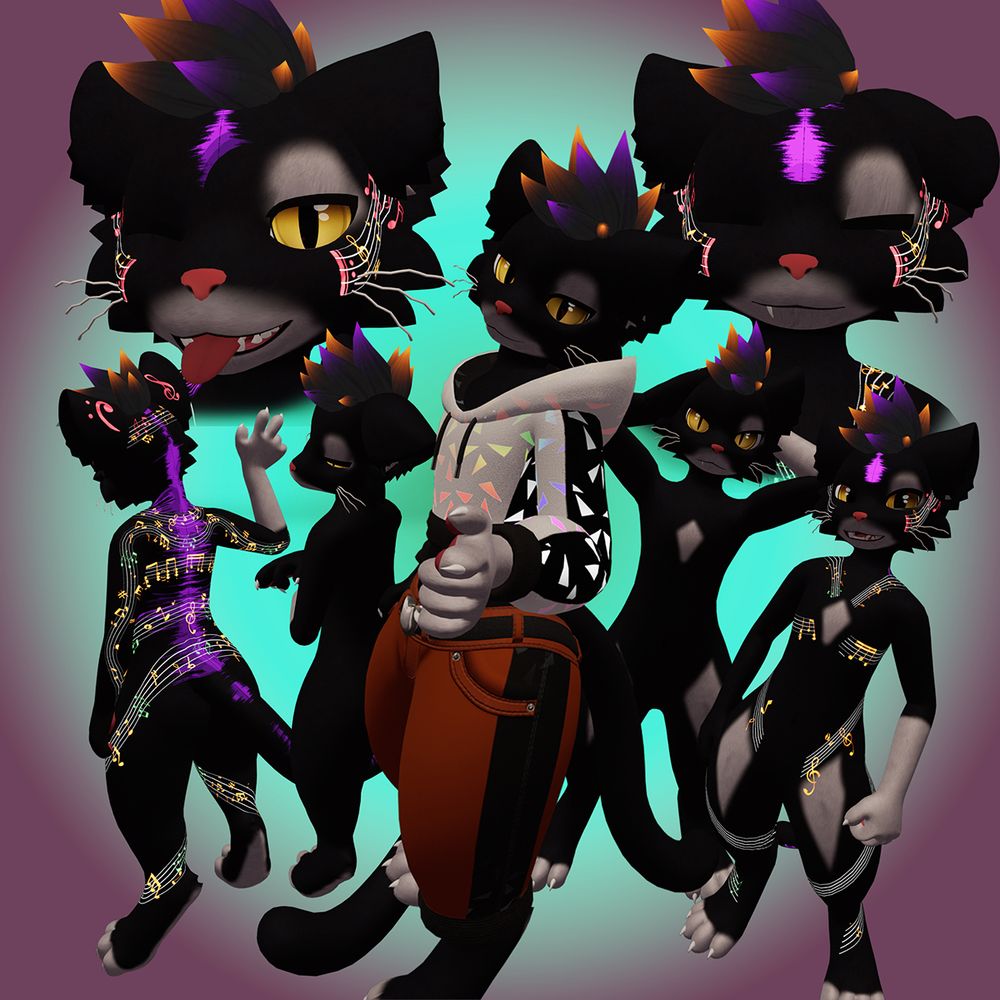A display of a feline VRChat avatar using the Mayu base. It has several images of the character in different poses, clothing combinations, and featuring special emissive effects made from music measures, notes, and waveforms in their fur.