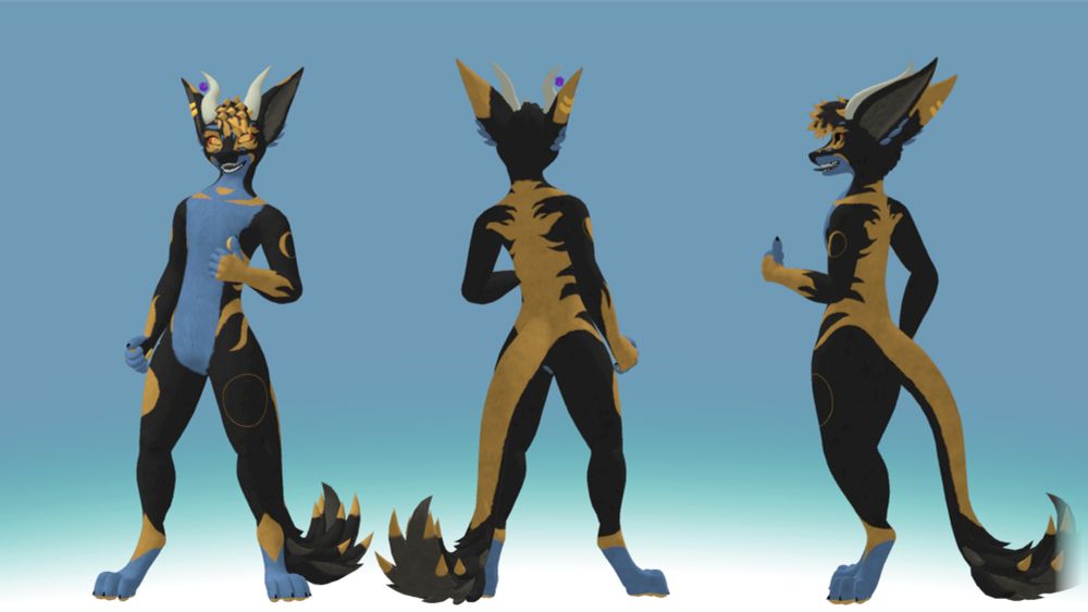 A three-pose display of a Wyren VRChat avatar, stylized with black, blue, and yellow fur. It has stripe-like patterns along the back, and phases of the moon sequenced along its body. It is standing straight with one arm forward in a thumbs-up motion.