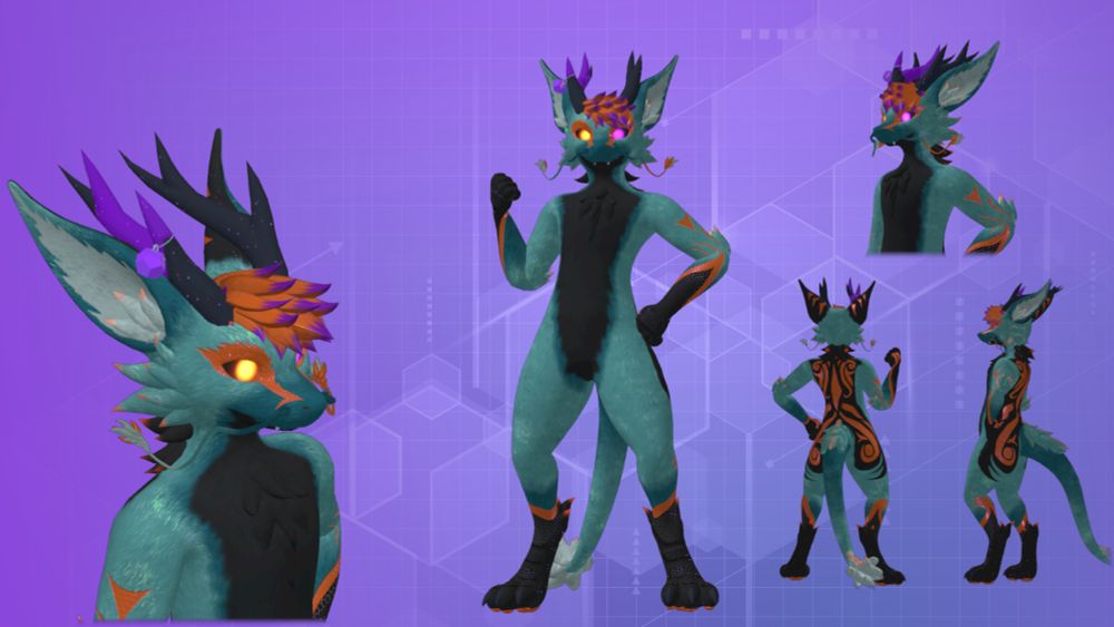 A VRChat avatar of an anthropomorphic, furred, eastern dragon. It is mostly teal, with black paws and chest fur, and intricate orange crystalline markings along its body.