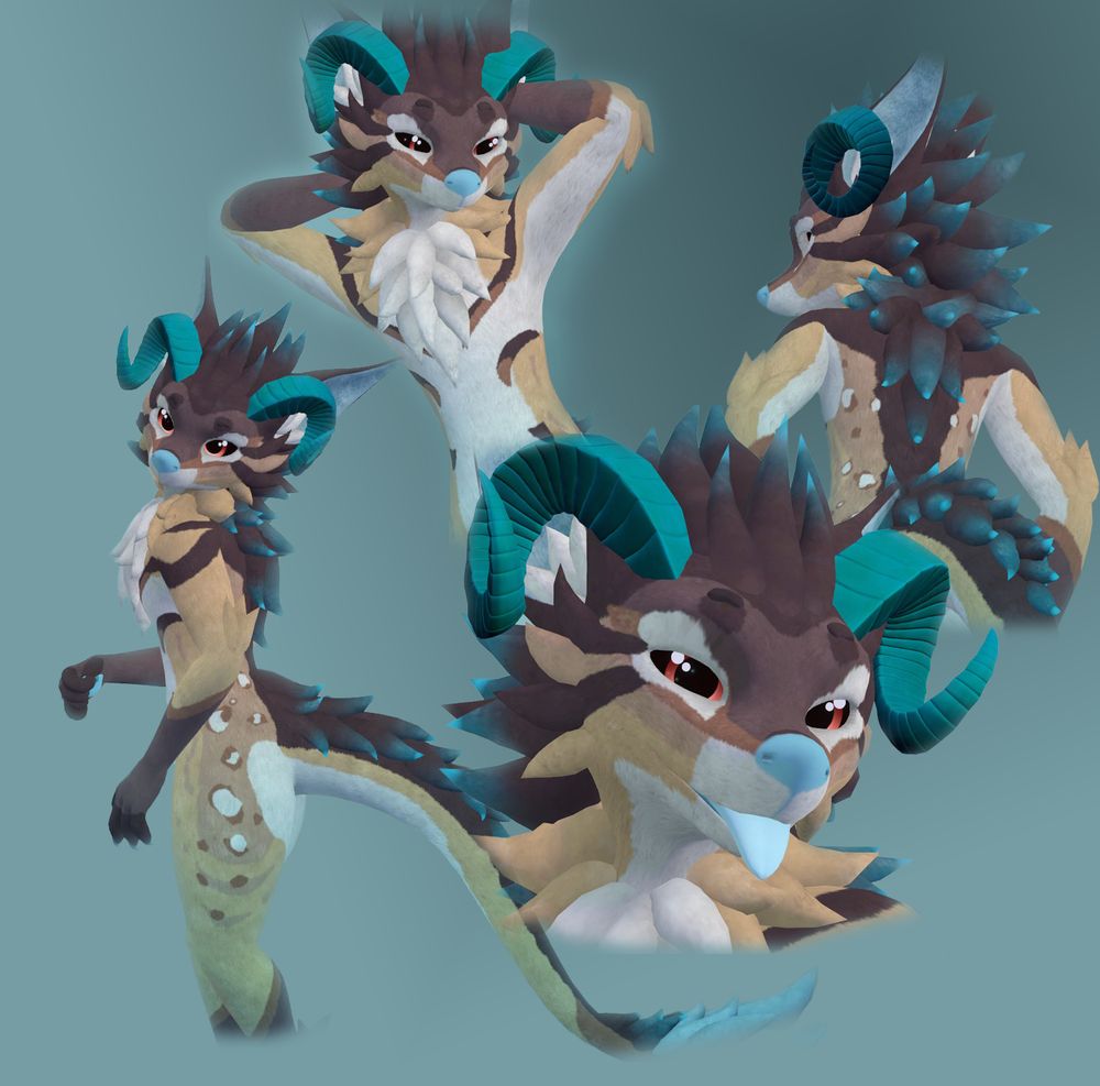 A nardoragon vrchat avatar, with earthy-brown toned fur featuring various spot, rosette, and striped markings. They have blue pawpads, nose, and other skin features, along with blue horns and the tips of their fluff has a soft glowing blue emission.