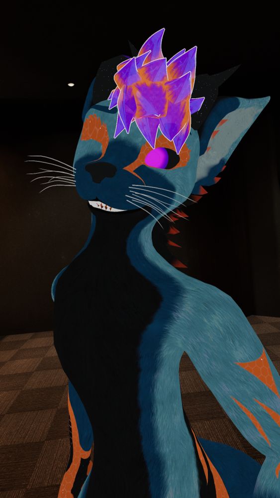 A portrait screenshot of a furry avatar in VR Chat. It has teal fur with black accents and orange, crystalline markings. It has pointed ears, a little, black, fox-like nose, and some cute whiskers. It's winking at the camera.