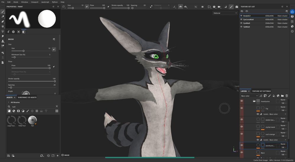 A screenshot of a 3D VRChat avatar in a texture editing program, designed in the style of a raccoon