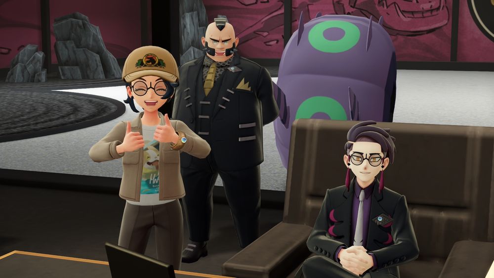 A screenshot from Pokemon Legends ZA of the female protagonist, Philippe, Corbeau, and a shiny alpha Whirlipede.