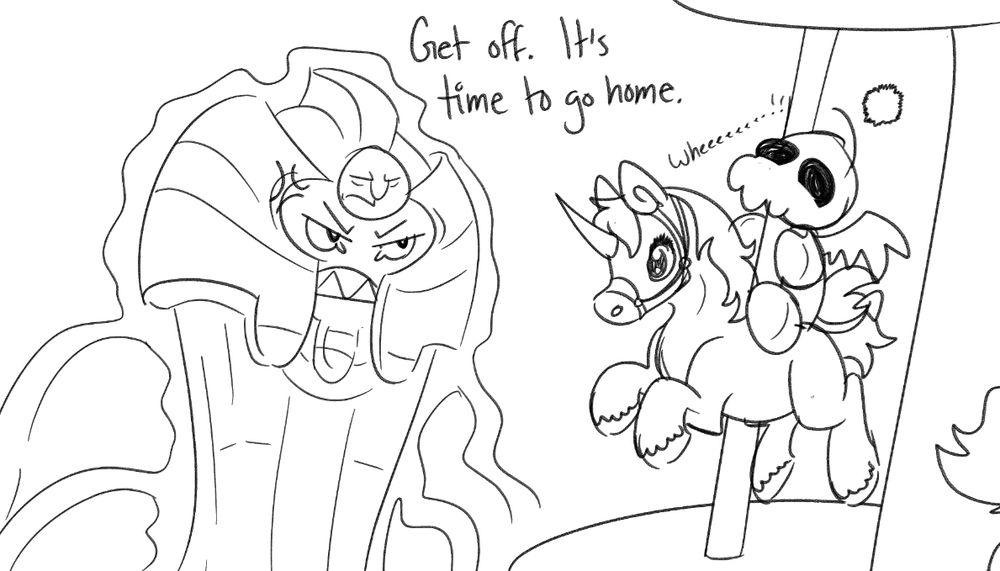 The same Cofagrigus and Chao from before, except the Chao is now on a carousel. The Cofagrigus is saying "get off, it's time to go home."