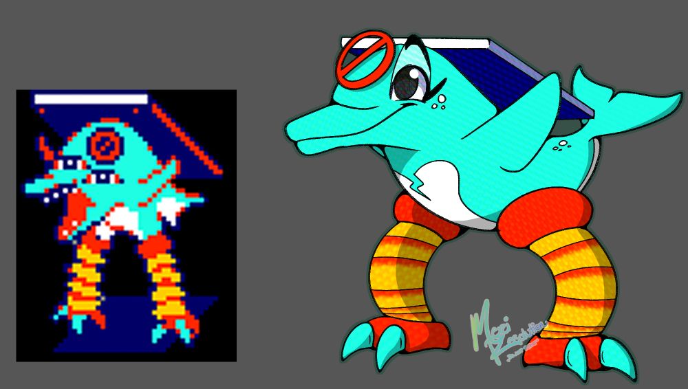 A Poppup from Deltarune. It has a few white spots across its body, and the white marks on its chest resemble a broken heart.