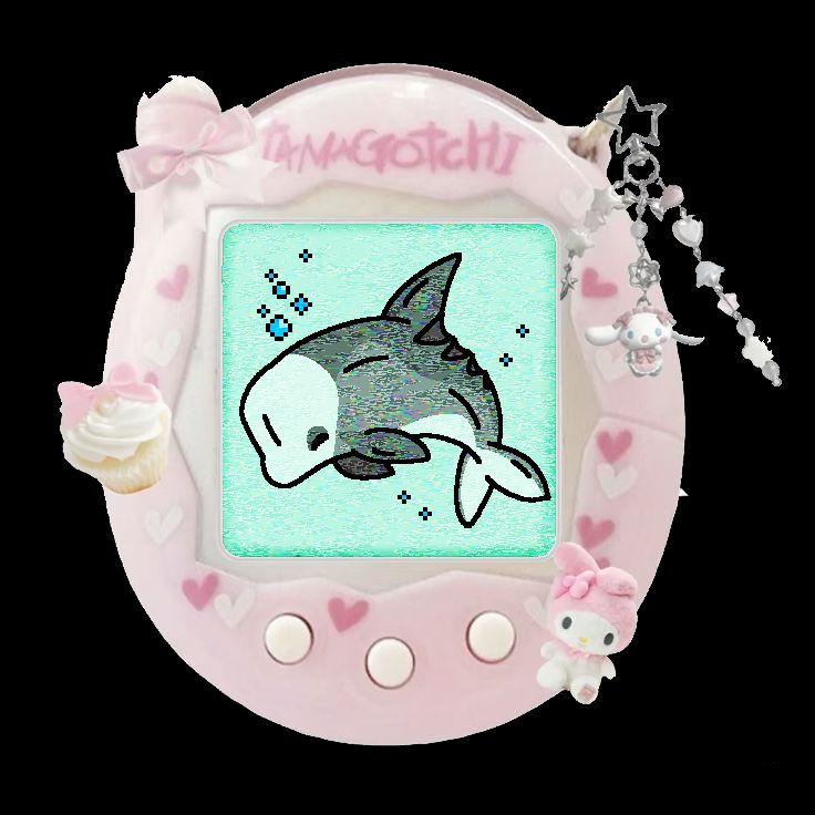 A digital Risso's Dolphin within a Tamagotchi device. It has four propeller scars along its back. Pixel bubbles float around it.