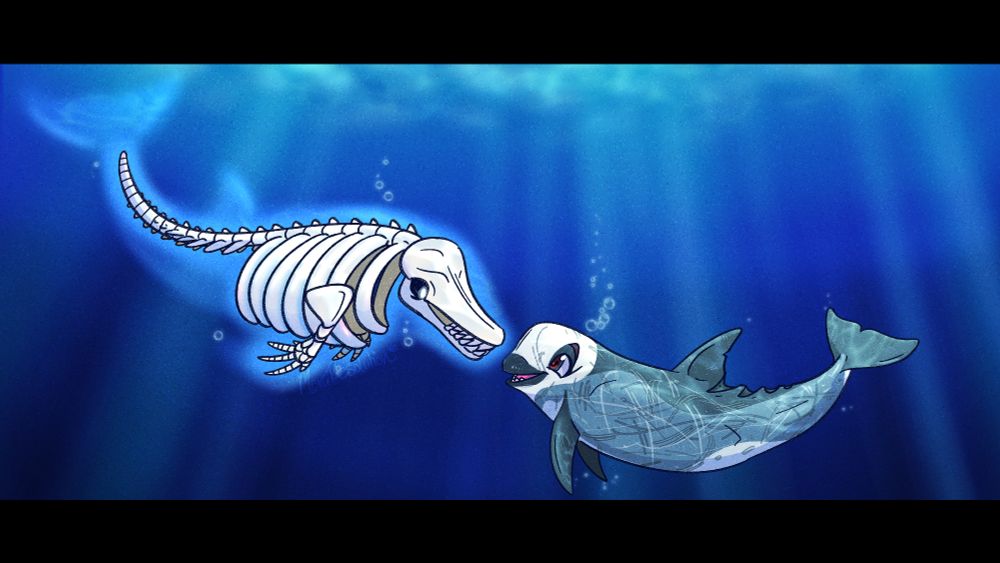 A digital drawing of a skeletal False Killer Whale looking at a Risso's Dolphin.