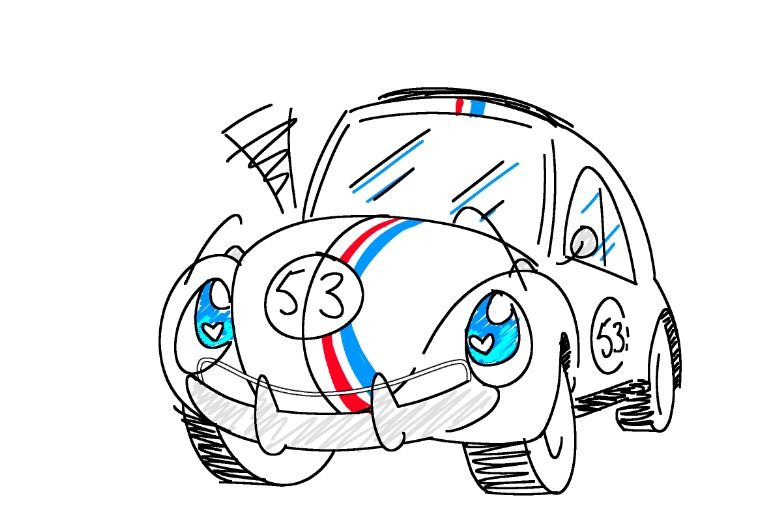 Herbie the love bug. He has big blue eyes in the place of his headlights, and his antenna is wagging.