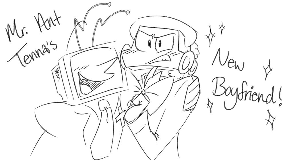 A very excited Tenna from Deltarune embraces an indignant Henry Hotline from Finding Frankie. The text around them says "Mr. Ant Tenna's New Boyfriend!"