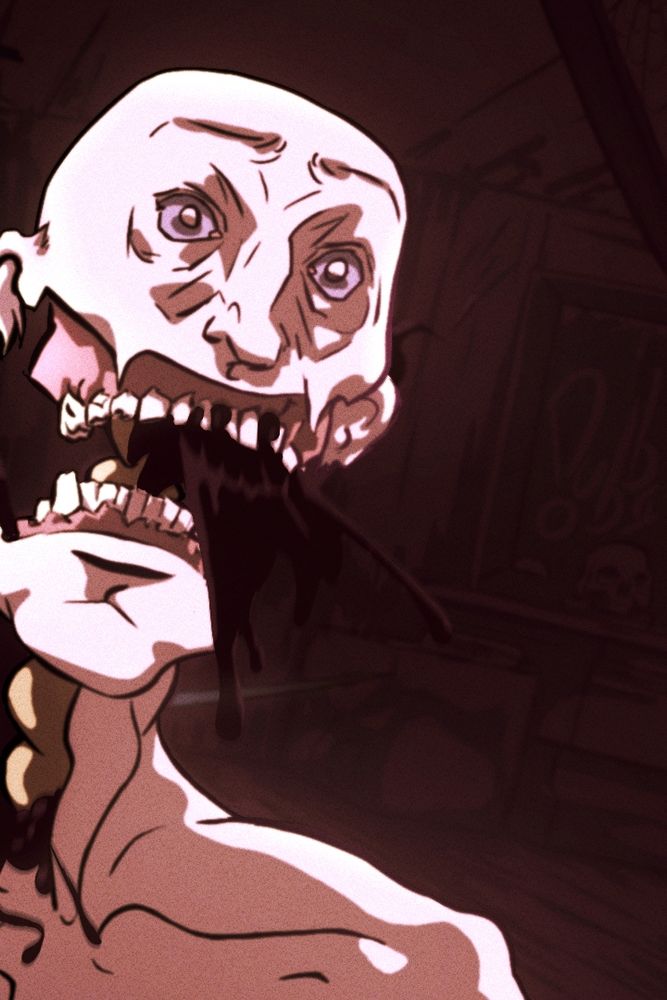 Blood. A skull and a mirror are sitting on a stone table to the right. A scribble on the mirror reads: Doubbly