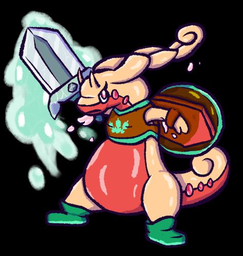 A cream and red goodra (Cocin He/Him) with braided horns in a brown chest plate and green boots wielding a greatsword shield and with a sword sheath. A slimy liquid emanates from the latter as he swings it.