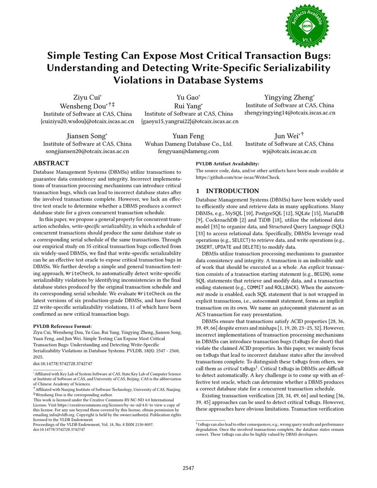 Thumbnail: Simple Testing Can Expose Most Critical Transaction Bugs: Understanding and Detecting Write-Specific Serializability Violations in Database Systems