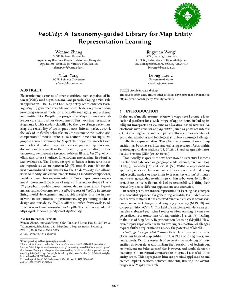Thumbnail: VecCity: A Taxonomy-guided Library for Map Entity Representation Learning [Experiment, Analysis & Benchmark]