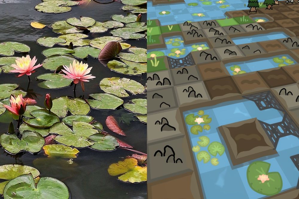 A photo of a pond fully of green lily pads with pink and yellow flowers on the left hand side of the image, with a hand-drawn set of chess-like tiles on the right hand side with a mix of rocks, soil, grates, grass, and some water tiles, some of which have different lily pads in