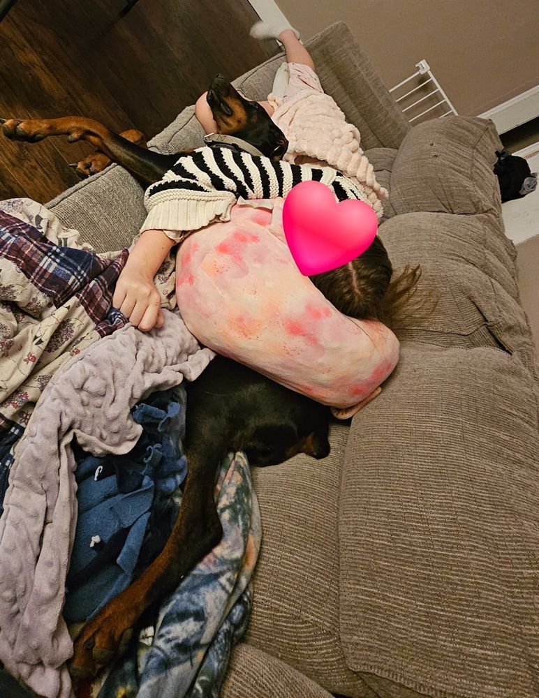 A young child lies on a couch surrounded by blankets, lying on a Squishmallow on top of a Doberman. The Doberman is stretched out beside the child in the opposite direction, with her head resting on the child's knee. The child's face is covered by a heart sticker for privacy.