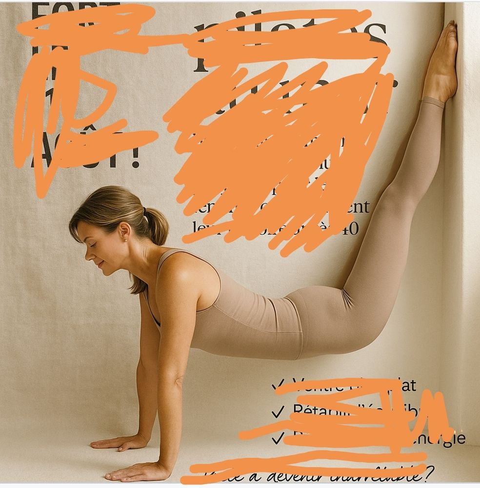 Image d'une femme, pratiquant soit disant du pilate, dans une posture impossible. Elle est en planche sur les bras tendus et les jambes remontées contre un mur. Il y a un hic : après les fesses, les jambes sont inversées (les genoux et les pieds du même côté que les fesses) 