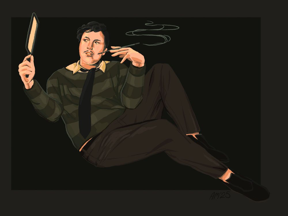 A digital painting of Willie Muse holding a hand mirror and pretending to smoke a joint through a cigarette holder.