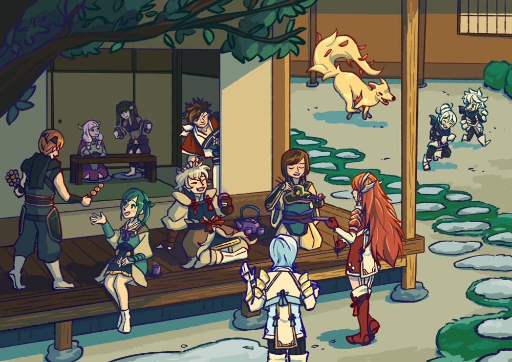 Digital illustration of the Hoshidan child units for Fire Emblem Fates relaxing and having tea on the veranda of a Japanese-styled house. 