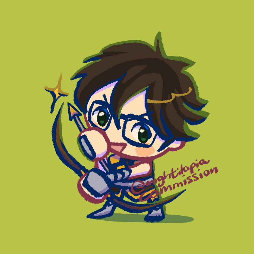 Chibi illustration of Carbon from Fire Emblem: The Morrow’s Golden Country striking a flashy pose with his bow and arrow whilst also pushing up his glasses.