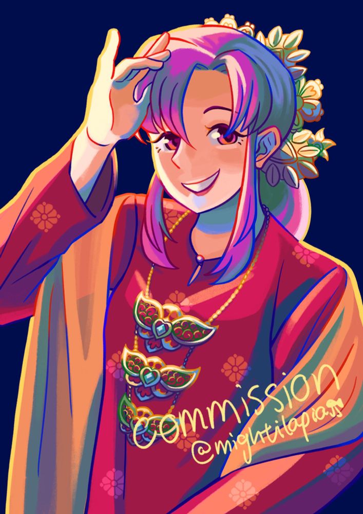 Ethlyn from fe4 wearing a red floral-patterned baju kurung with an orange selendang. She has a golden cucuk sanggul hair ornament shaped like leaves and flowers. She also wears a golden 3-tiered dokoh necklace. The image is very colourful, with blue, green and purple shadows.