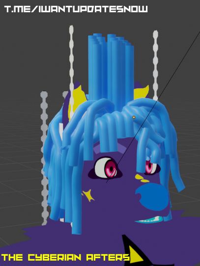 A picture of a CyberWox, mid installation of cyberlox in a 3D suite called Blender. There is a link to a telegram channel "t.me/iwantupdatesnow" that shows work progress on this base-model on the top left. On the bottom left there is text that reads "The Cyberian Afters", the pseudonym for LibreVictus while working on 3D models and VRChat projects.