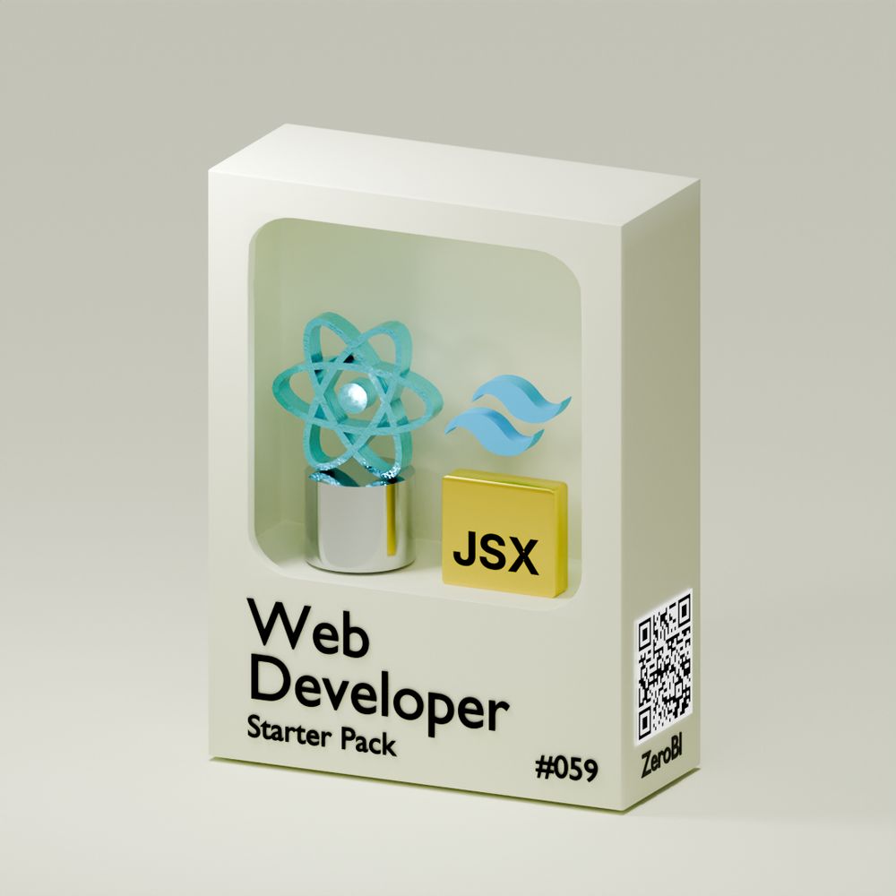 A 3D-rendered toy-like box labeled "Web Developer Starter Pack" with a futuristic design. Inside, there are floating icons representing React (a glowing blue atom), Tailwind CSS (a blue wave), and JSX (a golden block with "JSX" engraved). The packaging has a QR code on the side, a product number "#059," and the brand name "ZeroBl."