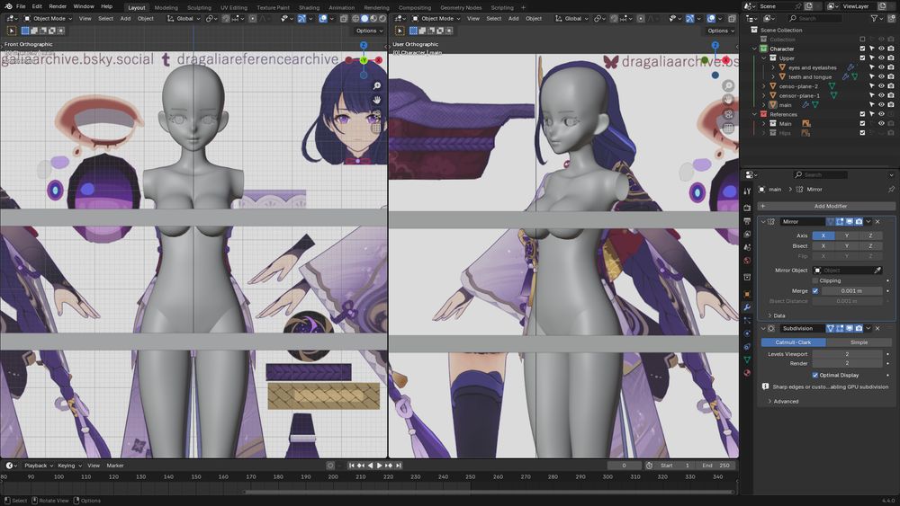 Screenshot of a 3D modeling workspace in Blender showing a work-in-progress model of a female character. The character is being modeled based on reference images of Raiden Shogun from Genshin Impact, displayed in the background.