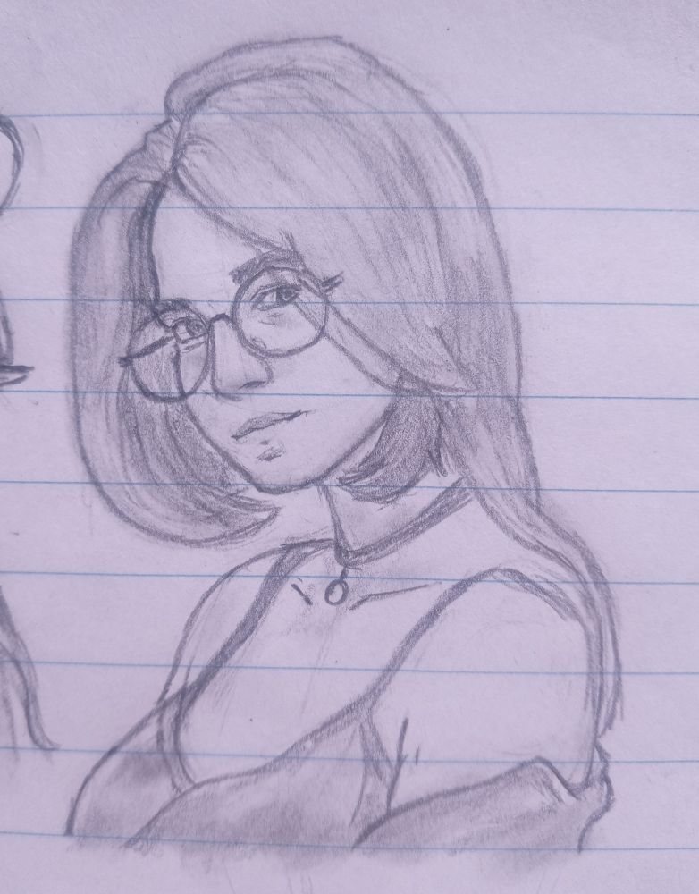 A pencil sketch of a woman wearing glasses, with long flowing hair and a confident gaze. She wears a choker necklace and a fitted outfit. The drawing has soft shading and is set on lined notebook paper.