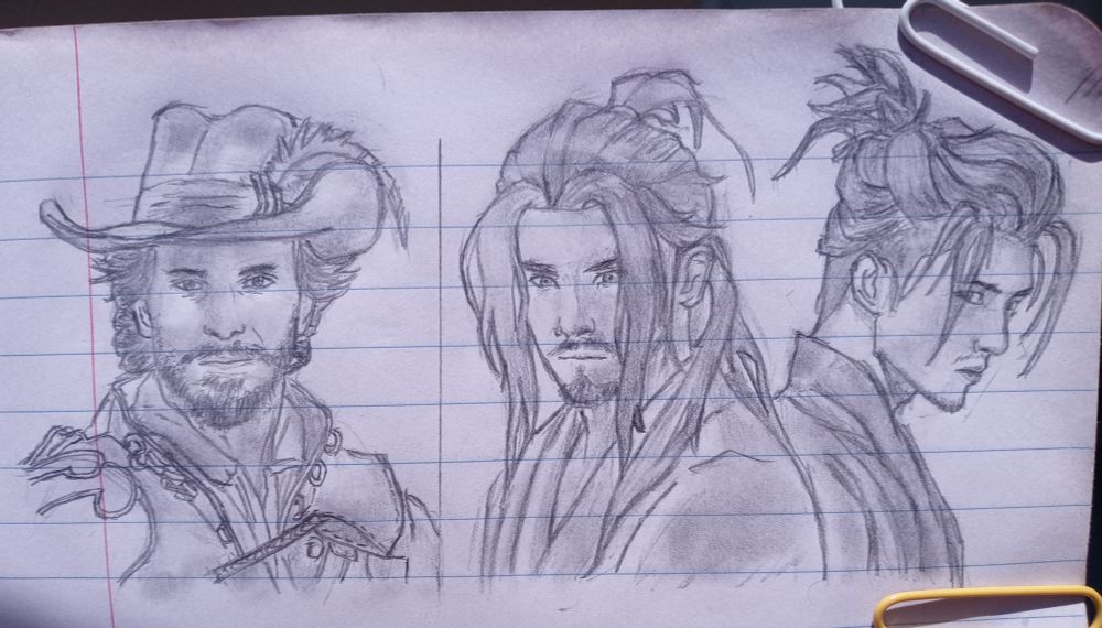 Pencil sketch of three male characters drawn on lined notebook paper. The character on the left wears a feathered hat and has a rugged appearance with a beard and cloak, resembling a gunslinger or adventurer. The middle character has long, tied-back hair and a serious expression, evoking a samurai or warrior. The character on the right has a modern samurai look with a topknot, partially shaved sides, and a calm yet focused gaze.