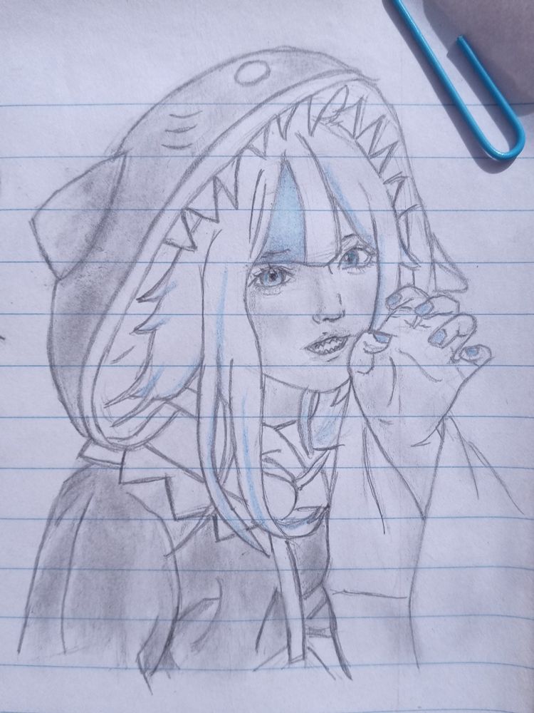 Pencil drawing of the Vtuber Gawr Gura, a girl wearing a shark-themed hoodie, with sharp teeth designs along the hood's edge. She has medium-length hair with bangs and colored highlights, and is making a playful clawing gesture with her hand while smiling slightly.
