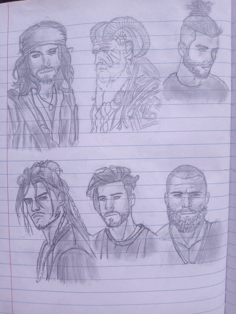 A sketchbook page featuring six pencil drawings of male characters. The portraits vary in style and personality: one resembles a pirate with long hair and a headband; another has large curved horns and tribal markings, suggesting a fantasy creature; and the others portray modern men with different hairstyles, beards, and expressions. The characters are drawn in two rows of three and show a mix of realistic and stylized features. Blue notebook lines are visible in the background.