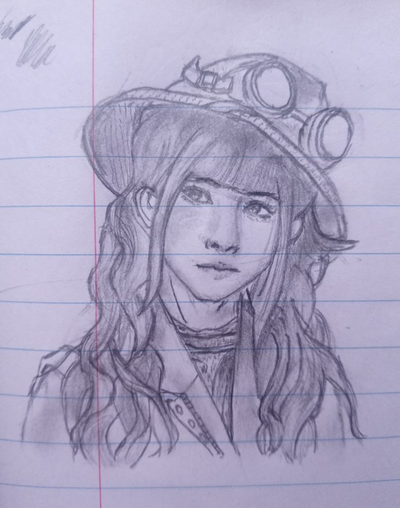 A pencil sketch of a young woman with long, wavy hair wearing a wide-brimmed hat adorned with goggles. She has a calm and mysterious expression, with detailed shading on her face, clothing, and accessories. The drawing is on lined notebook paper, adding a raw and traditional feel to the artwork.