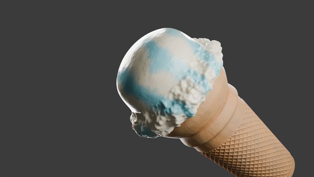 A realistic 3D-rendered ice cream cone with a scoop of white and blue swirled ice cream. The texture appears creamy, with melted edges forming around the scoop. The cone has a detailed waffle pattern and a soft brown color, set against a dark gray background.

This image is a WIP (Work in Progress), still being refined.