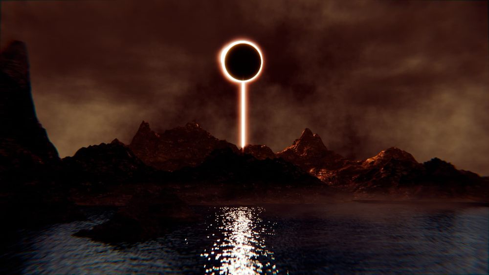 A surreal landscape with dark, jagged mountains under a stormy sky. At the center, a glowing vertical beam of light extends from the ground into a black circular eclipse-like object floating in the sky. The light reflects dramatically on the still water below, creating a mysterious and otherworldly atmosphere.

A dying world under a burning eclipse. The First Flame calls once more. Will you link the fire, or let it fade into darkness?