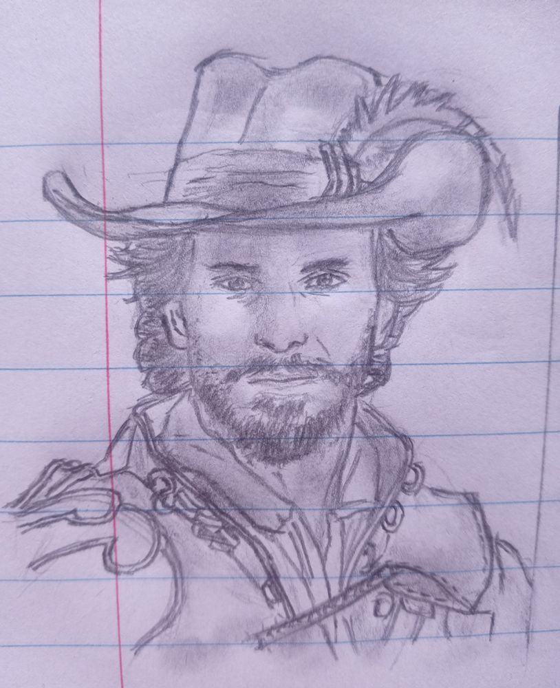 A pencil drawing of a confident man with a feathered wide-brim hat and ornamental clothing. His face is well-defined with soft shading, and he stares forward with determination. The drawing has a smooth texture and balanced light.