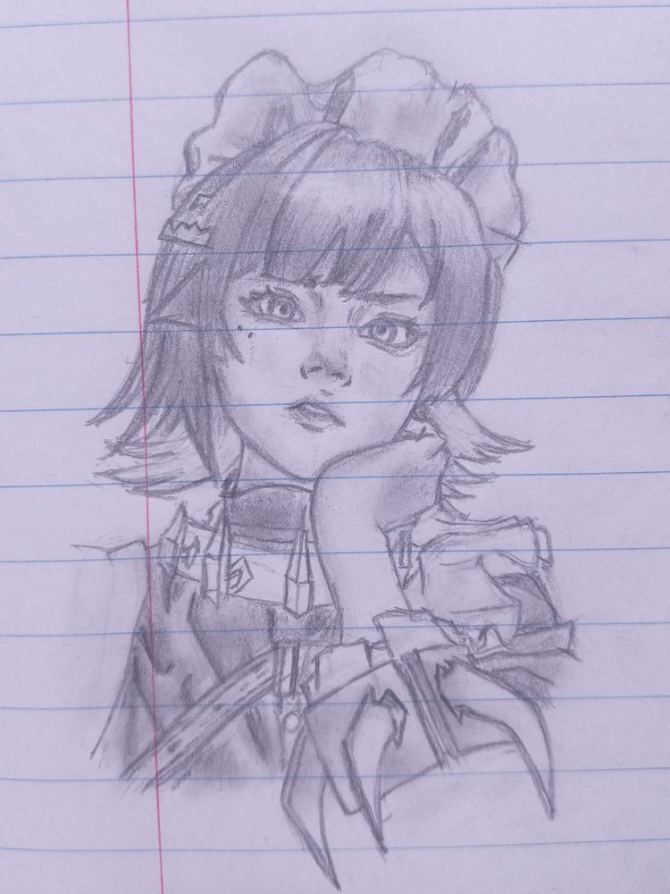 A pencil sketch of Ellen Joe (ZZZ) resting her chin on her hand. She wears a frilly headpiece and a detailed outfit with sharp, armor-like elements. Her expression is calm and slightly melancholic, with short hair framing her face. The drawing is done on lined notebook paper.