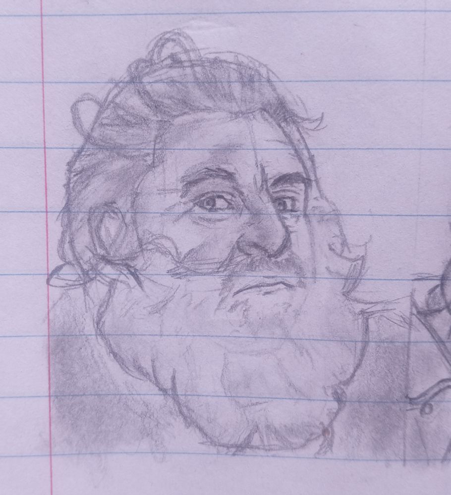 Pencil sketch of an older man with a large bushy beard and tied-back hair. His expression is intense and contemplative.