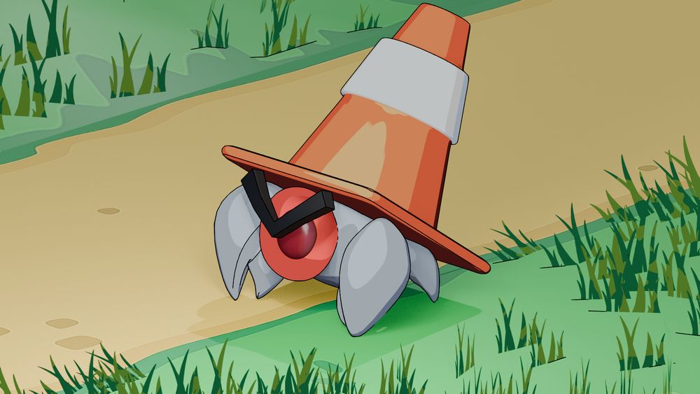 A Traffikrab from Cassette Beasts, a small crab-like creature with a traffic cone for a shell, standing on a dirt path surrounded by stylized grass. Its body is metallic gray with a red face and black V-shaped eyebrows, giving it an angry expression.