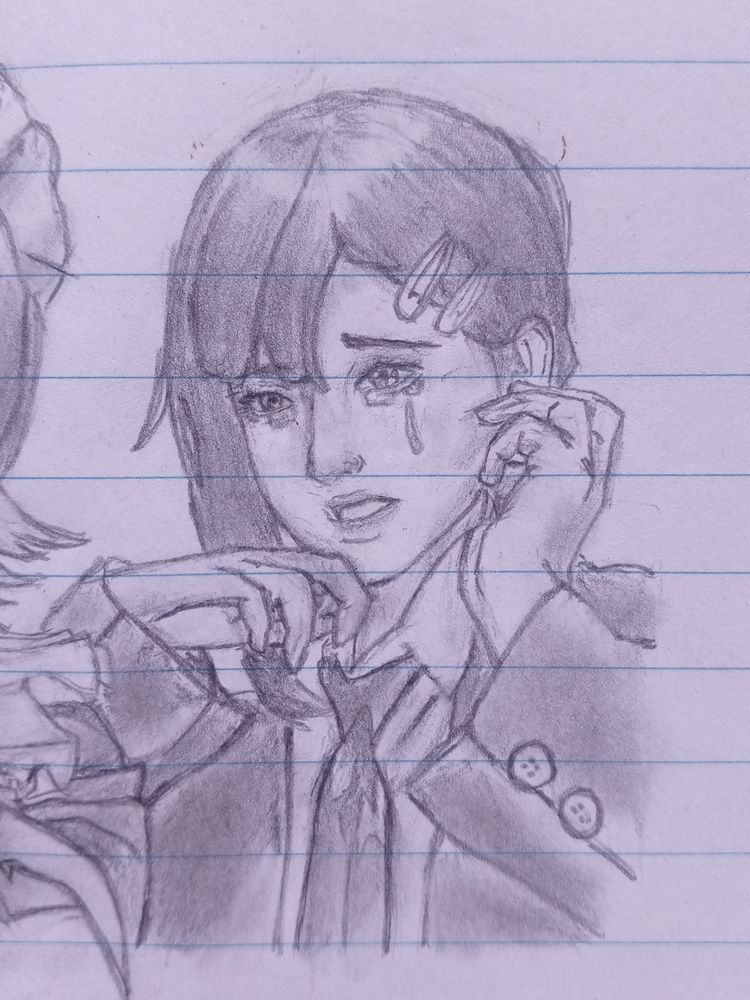 A pencil sketch of Kobeni, from Chainsaw Man, a girl with short hair and a hairpin, wearing a school uniform. She appears to be emotional, with a tear running down her cheek and a sorrowful expression. Her hands are near her face, emphasizing her distress.