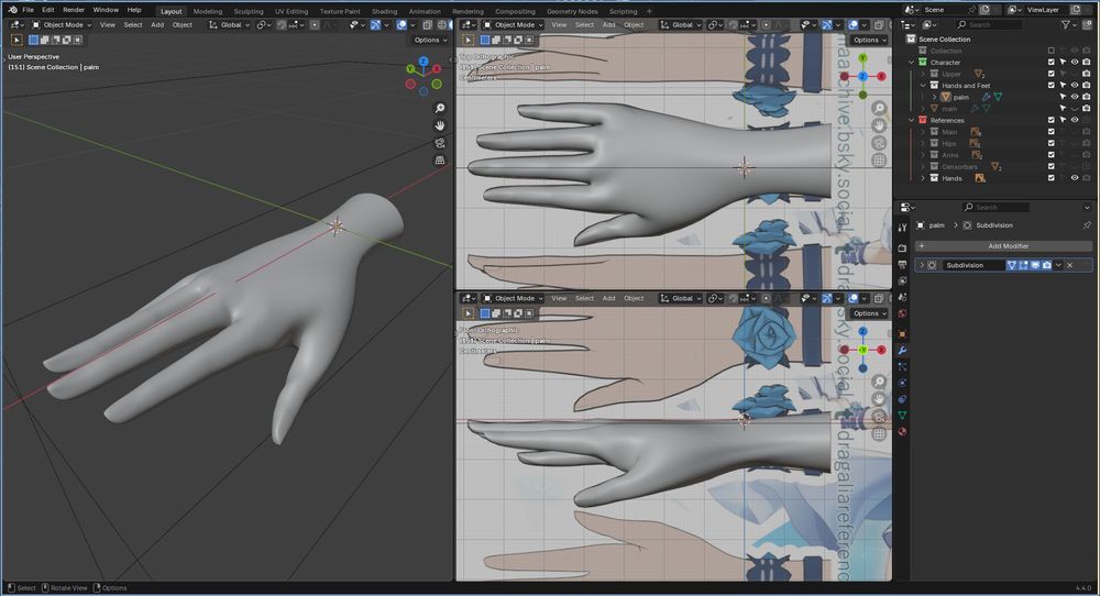 Work-in-progress 3D model of a hand created in Blender. The layout shows the hand from three angles: perspective, top, and side. Reference images are visible in the background to guide the modeling process as part of a detailed character project.