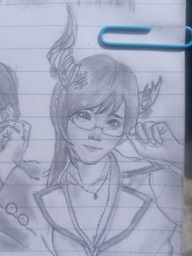 A pencil drawing of a Cosplay of Nerissa Ravencroft, showing a young woman with glasses and detailed horns on both sides of her head. She is smiling slightly and adjusting her glasses with both hands. She wears a necklace and a blazer with prominent lapels. The artwork is drawn on lined notebook paper, and the page is held in place with colorful paper clips.
