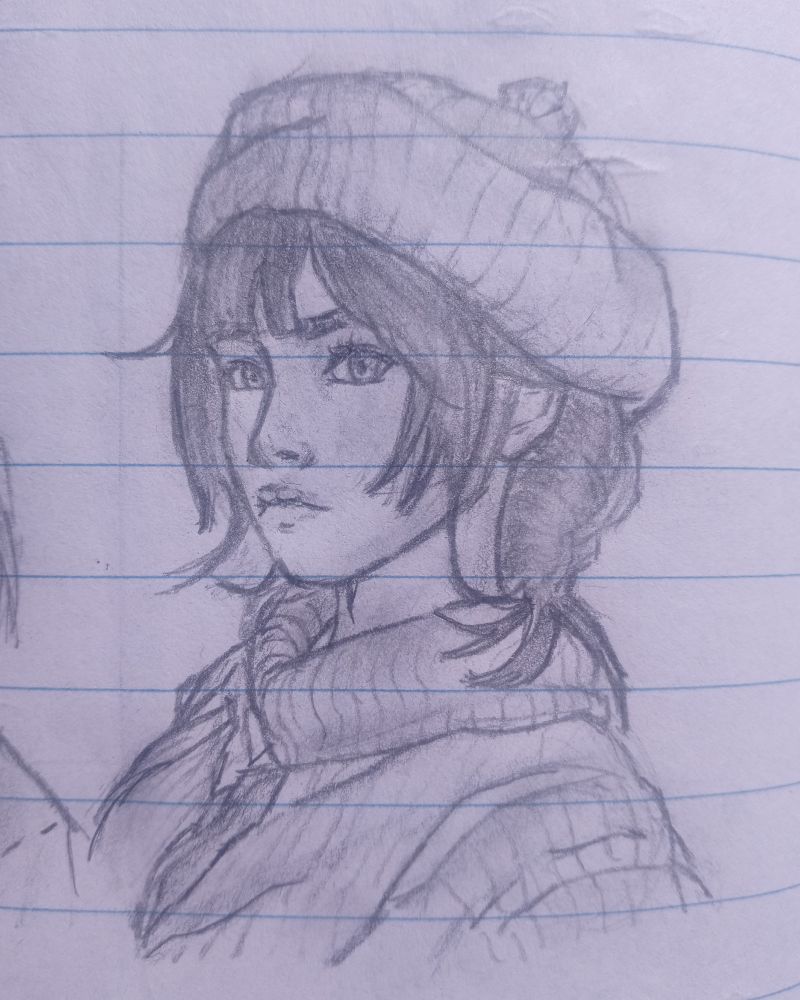 A pencil sketch on lined paper depicts a young woman with a contemplative and serious expression. She wears a knitted beanie with a small pom-pom on top, and her medium-length hair is slightly tousled, framing her face. Her eyes are sharp and focused, with furrowed eyebrows that hint at determination or deep thought. She is dressed in a thick, cozy turtleneck sweater layered with another warm garment, possibly a coat. The shading and fine details bring out the textures of the fabric and the soft depth of her facial features. The image has a slightly rough, hand-drawn feel, emphasizing its sketchbook origin.