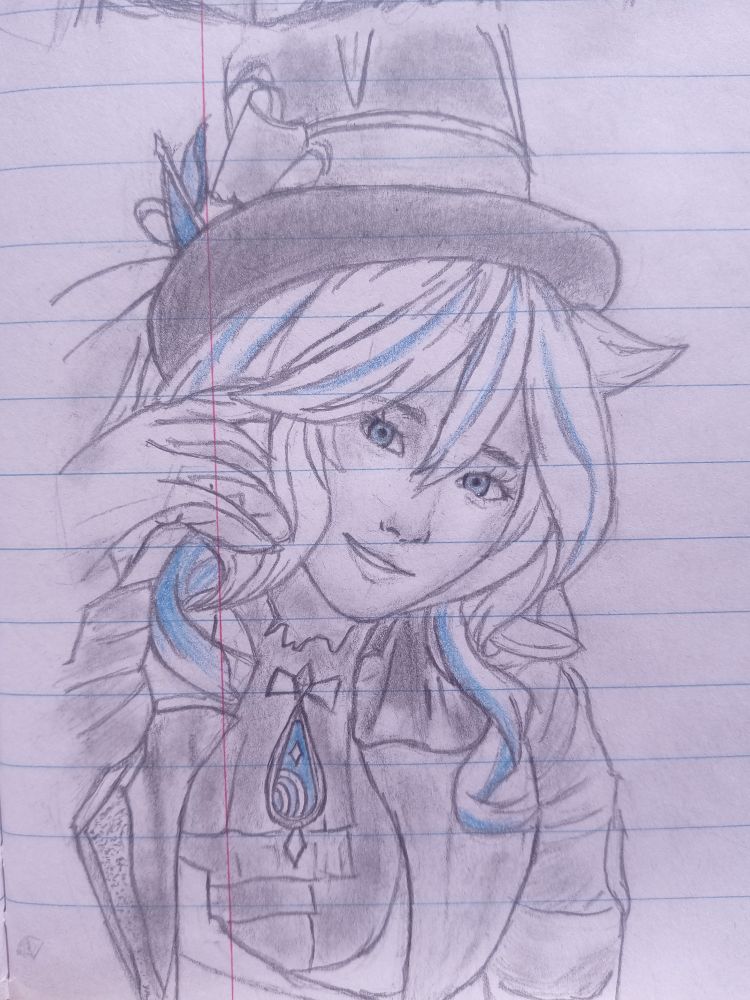 A pencil sketch of Furina from Genshin Impact, wearing her signature top hat with a ribbon and gem, smiling gently while touching her hair. The drawing features soft shading and light blue accents in her eyes and strands of her hair.