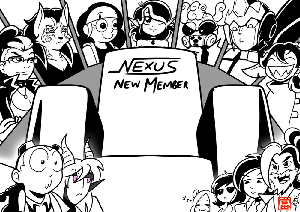 Every character in front of a couch written "Nexus new member"