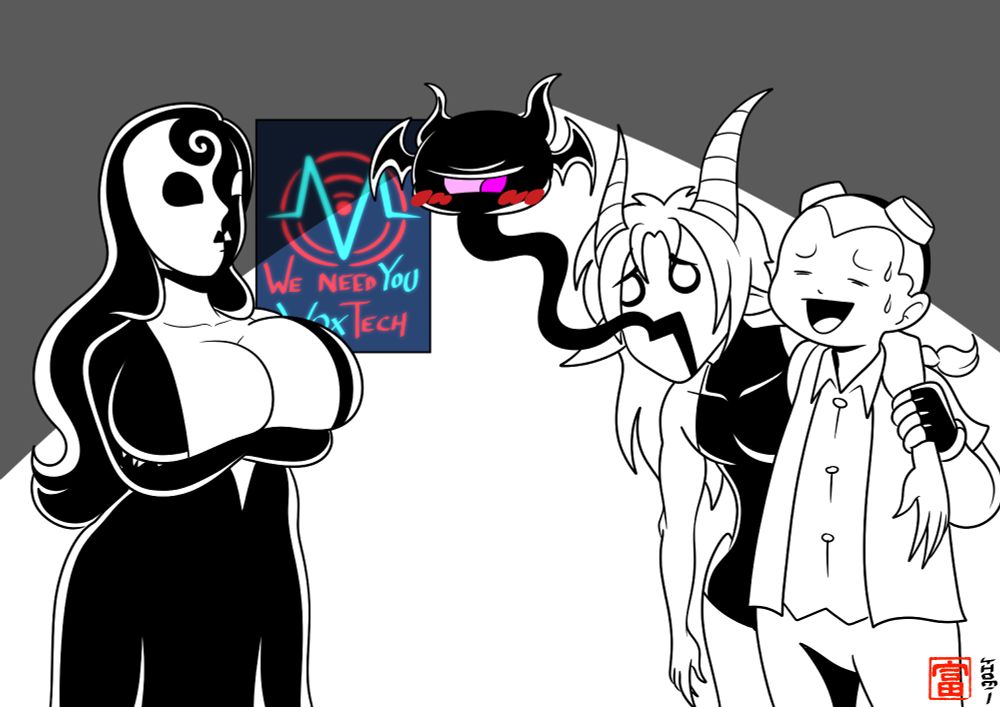 Sitri and Thomi in front of Lillith, mother of Sitri, masked woman with a thicc body.