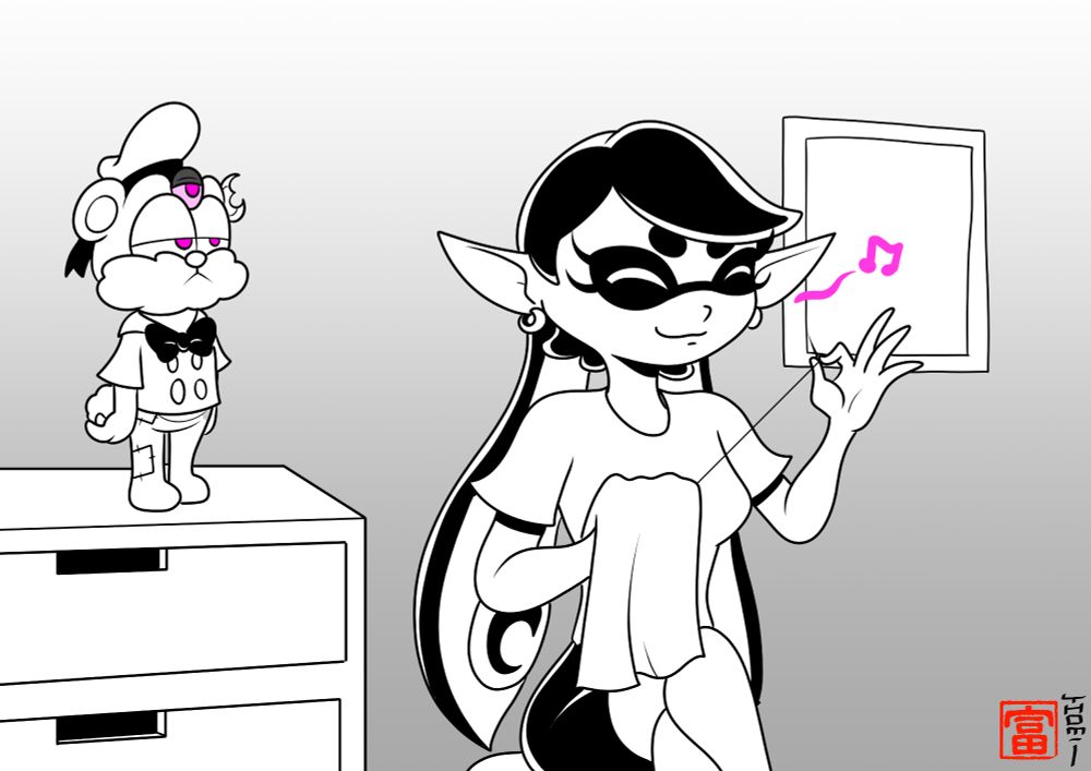 Sitri, the demon sealed in a teddybear, wearing a sailor blouse and cap, watching a happy Callie weaving a new costume.